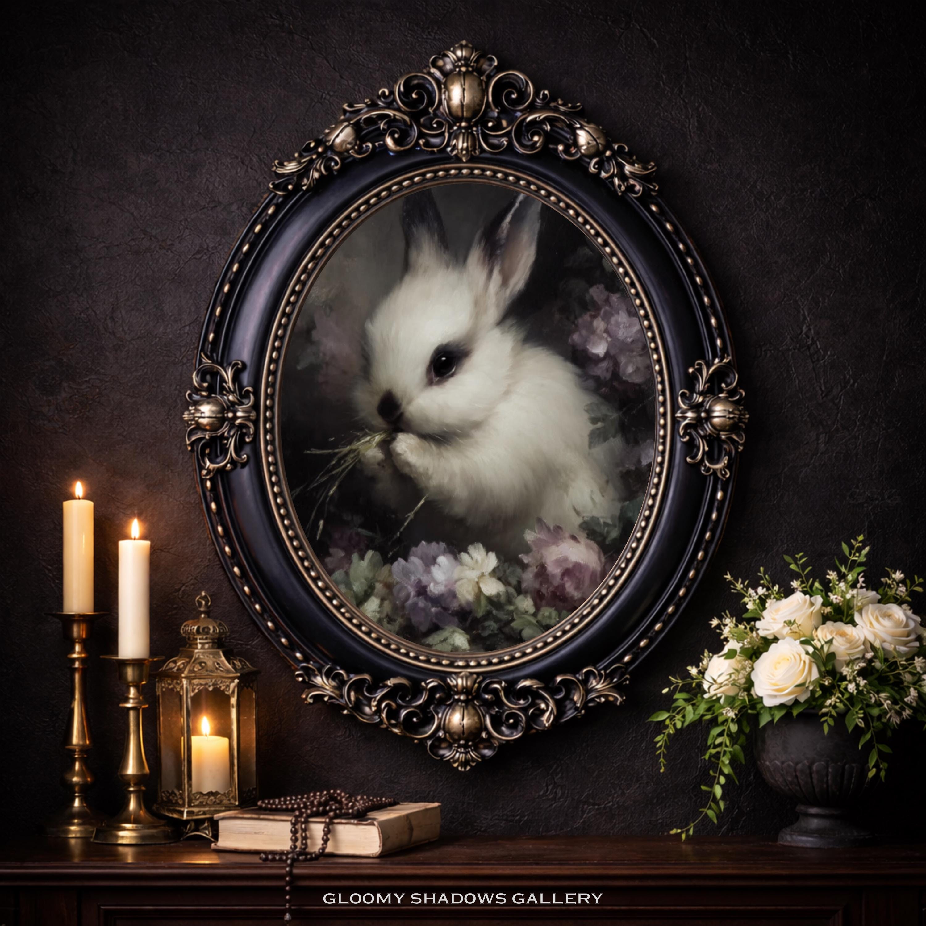Gothic White Rabbit Wall Art Printable, Moody Bunny Painting, Dark ...
