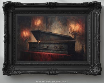 May include: A framed painting of an open coffin on a red cloth, illuminated by candlelight. The dark, ornate frame surrounds the gothic artwork. The text "GLOOMY SHADOWS GALLERY" is at the bottom.