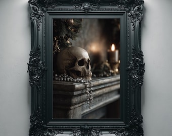 Skull Winter Mantel Gothic Christmas Art Print, Dark Holiday Wall Art, Digital Download