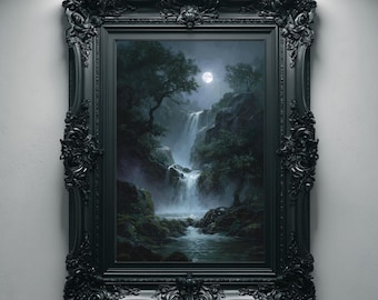 Gothic Waterfall Night Forest Wall Art, Moonlit Cascade Hollow Dark Landscape Nature Decor Printable