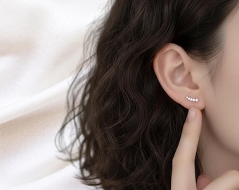 Arc Zircon Tiny Stud Climber Earrings, Sterling Silver Modern Bar Minimalistic Jewelry