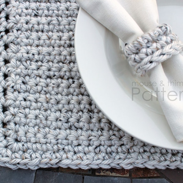 Placemat & Napkin Ring Crochet PATTERN, Quick and Easy Table Setting, Chunky Bulky Aspen Tweed, Photo Tutorial, Printable Download, PDF-2014