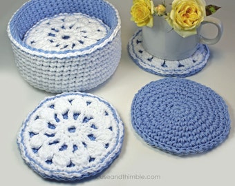 Coaster and Basket Crochet PATTERN, Reversible Round Trivet Motif, Cornflower & White Cotton, Two Color Bowl, Printable Download, PDF-3506