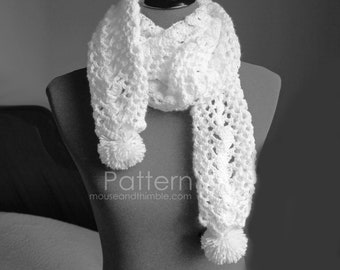 Easy Lightweight Scarf Crochet PATTERN, Cottontail Pom Pom Photo Tutorial, Delicate Long Length Neck Warmer, Open Mesh, Download, PDF-7207