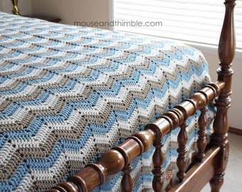 Afghan Blanket Crochet PATTERN, Easy Bed Topper Throw, Chevron Stripes Seaside Design, Multiple Sizes, Instant Download, Printable PDF-6080