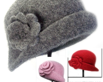 Felted Cloche & Brooch Crochet PATTERN, Wool Hat and Matching Flower Brooch, 10 Sizes for All Ages, Easy Tutorial, Download, PDF-1423