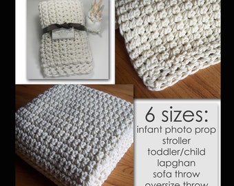 Bulky Hometown Blanket Crochet PATTERN, Newborn Receiving to Big Sofa Throw, 6 Quick & Easy Sizes, Beginner Tutorial, (all SC sts), PDF-2450