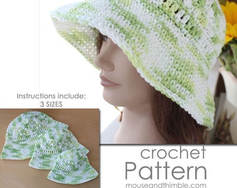 Wide Brim Bucket Hat Crochet PATTERN, Easy Cool Key Lime Cotton Sunhat, 3 Sizes for Children and Adults, Tutorial, Download, PDF-1650