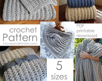 Quick & Easy Blanket Crochet PATTERN, Bulky Chunky Thermal Ribbed Afghan Throw, Baby through Adult Oversize, 5 Sizes, Tutorial, PDF-3072