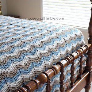 Afghan Blanket Crochet PATTERN, Easy Bed Topper Throw, Chevron Stripes Seaside Design, Multiple Sizes, Instant Download, Printable PDF-6080 image 1