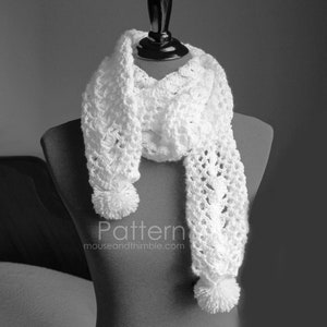 Easy Lightweight Scarf Crochet PATTERN, Cottontail Pom Pom Photo Tutorial, Delicate Long Length Neck Warmer, Open Mesh, Download, PDF-7207 image 1