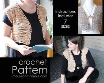 Easy Crochet PATTERN Sleeveless Open Front Vest, Crop to Short or any Long Length, Small through Plus Sizes, Bolero Shrug, Download PDF-3345