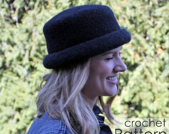 Felted Hat Crochet PATTERN with Felting Instructions, Derby Bowler Style Rolled Brim Cap, Low Profile Forehead, 3 Sizes, Tutorial, PDF-1723