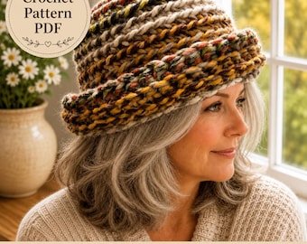 May include: A chunky crochet hat featuring a variegated yarn pattern in shades of brown, gold, green, and cream. The hat has a wide, folded brim and a textured stitch. A circular badge on the left reads Crochet Pattern PDF.