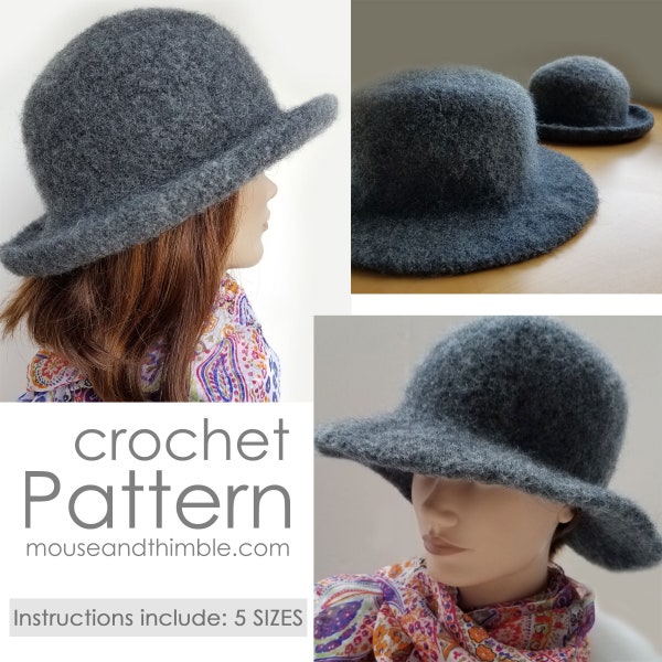 Felted Wool Hat Crochet PATTERN, Flat Brim or Rolled Edge, Easy Tutorial with Felting Instruction, Keaton Bolero, Instant Download, PDF-1620