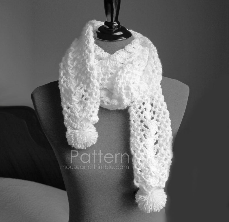 Easy Lightweight Scarf Crochet PATTERN, Cottontail Pom Pom Photo Tutorial, Delicate Long Length Neck Warmer, Open Mesh, Download, PDF-7207 image 1