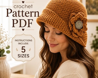 May include: A mustard yellow crochet cloche hat featuring a textured stitch pattern and a large matching crochet flower accent with a decorative metallic button center. The image includes text: crochet Pattern PDF, INSTRUCTIONS INCLUDE: 5 SIZES, mouseandthimble.etsy.com.