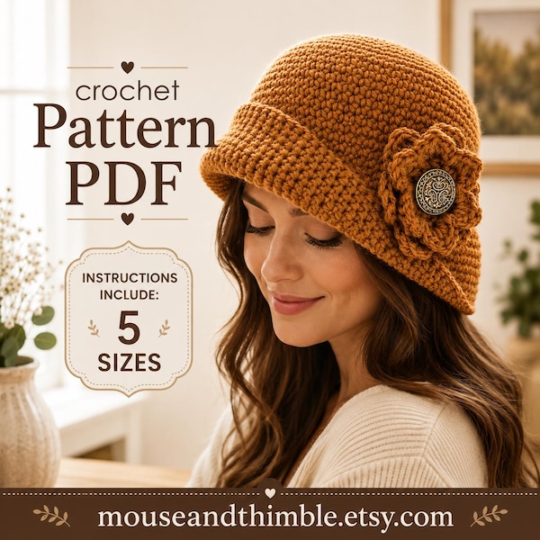 Crochet Hat & Flower PATTERN, Infant to Adult Sizes, Easy Rolled Brim Beanie, Tupelo Cloche Tutorial, Instant Download, Printable PDF-1623