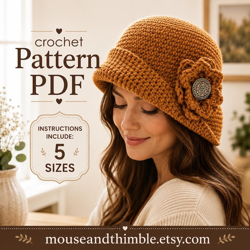 May include: A mustard yellow crochet cloche hat featuring a textured stitch pattern and a large matching crochet flower accent with a decorative metallic button center. The image includes text: crochet Pattern PDF, INSTRUCTIONS INCLUDE: 5 SIZES, mouseandthimble.etsy.com.