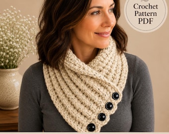 May include: A beige crochet cowl with a ribbed texture and four large black buttons along the diagonal edge. The image includes a circular badge with the text Crochet Pattern PDF and the website address mouseandthimble.etsy.com at the bottom.