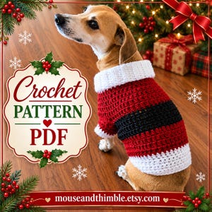 Holiday Dog Sweater Crochet PATTERN, Jolly Jumper Santa Coat Design, Small to Medium Breeds, Easy Cowl Collar, 5 Sizes, Printable PDF-1215