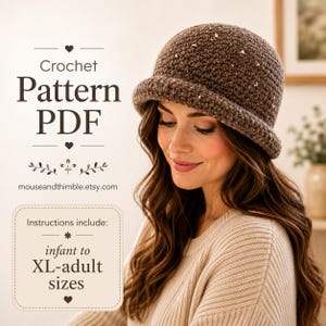 May include: A brown speckled crochet bucket hat with a rolled brim. The text reads: Crochet Pattern PDF, mouseandthimble.etsy.com, Instructions include: infant to XL-adult sizes. The hat features a textured stitch pattern with light flecks.