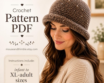 May include: A brown speckled crochet bucket hat with a rolled brim. The text reads: Crochet Pattern PDF, mouseandthimble.etsy.com, Instructions include: infant to XL-adult sizes. The hat features a textured stitch pattern with light flecks.