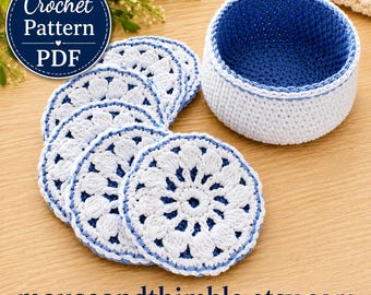 May include: A set of round white and blue crochet coasters with a floral pattern and a matching circular crochet basket. The image includes a circular label that reads Crochet Pattern PDF and the website text mouseandthimble.etsy.com.