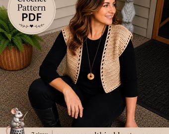 Easy Crochet PATTERN Sleeveless Open Front Vest, Crop to Short or any Long Length, Small through Plus Sizes, Bolero Shrug, Download PDF-3345