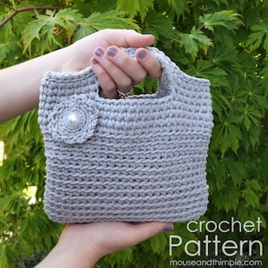 Small Cotton Purse Crochet PATTERN, Simple Petite Two Handle Bag, Flat Button Flower Motif, Photo Tutorial, Printable Download, PDF-2320