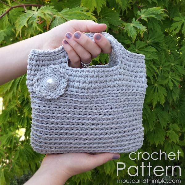 Small Cotton Purse Crochet PATTERN, Simple Petite Two Handle Bag, Flat Button Flower Motif, Photo Tutorial, Printable Download, PDF-2320