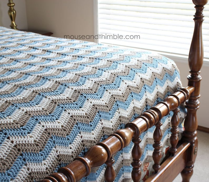 Afghan Blanket Crochet PATTERN, Easy Bed Topper Throw, Chevron Stripes Seaside Design, Multiple Sizes, Instant Download, Printable PDF-6080 image 1