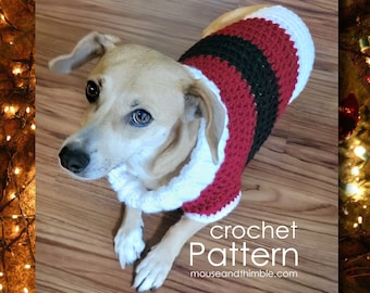 Holiday Dog Sweater Crochet PATTERN, Jolly Jumper Santa Coat Design, Small to Medium Breeds, Easy Cowl Collar, 5 Sizes, Printable PDF-1215