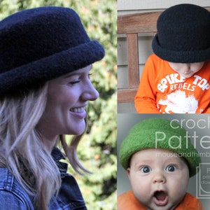 Felted Hat Crochet PATTERN with Felting Instructions, Derby Bowler Style Rolled Brim Cap, Low Profile Forehead, 3 Sizes, Tutorial, PDF-1723