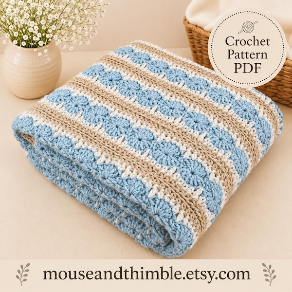 Easy Afghan Blanket Crochet PATTERN, Multiple Size Bed Top Covers, 3 Color Circle & Stripe, Ocean Shore Design, Printable Download, PDF-5436