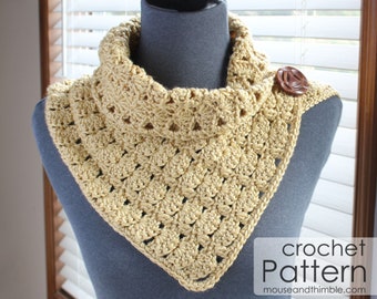 Buttoned Kerchief Crochet PATTERN, Tailored Cowl Neck Warmer, One Button Triangle Shape, Eddy Scarf, Printable Download, Tutorial PDF-1028