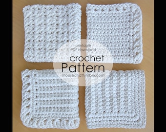 Easy Cotton Washcloth Crochet Pattern, Set of 4 Design Styles, Quick Textured Square with Edging, Printable Download Anyway Cloths, PDF 2104