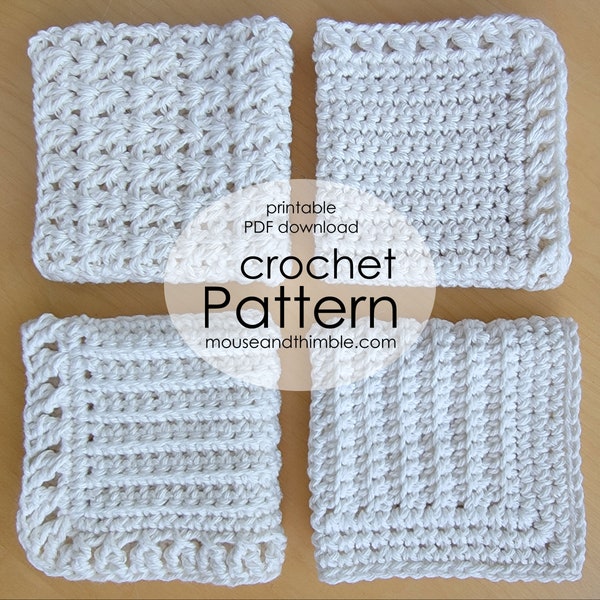 Easy Cotton Washcloth Crochet Pattern, Set of 4 Design Styles, Quick Textured Square with Edging, Printable Download Anyway Cloths, PDF 2104