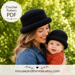 May include: A crochet pattern PDF featuring two matching black textured hats with rounded crowns and rolled brims. The hats have a fuzzy, wool-like appearance. The image includes the text Crochet Pattern PDF and mouseandthimble.etsy.com.