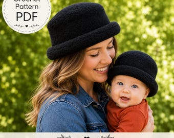 May include: A crochet pattern PDF featuring two matching black textured hats with rounded crowns and rolled brims. The hats have a fuzzy, wool-like appearance. The image includes the text Crochet Pattern PDF and mouseandthimble.etsy.com.