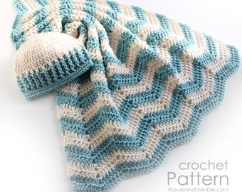 Baby Blanket Layette Crochet PATTERN, Beanie Hat and Lovey Set, Easy 2 Color Chevron Stripes, 2 Sizes, Instant Download, Printable PDF-1928