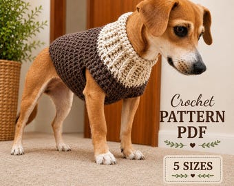 May include: A brown and cream crochet dog sweater featuring a ribbed collar and a textured body. The image includes text that reads Crochet PATTERN PDF, 5 SIZES, and mouseandthimble.etsy.com with decorative leaf and heart accents.