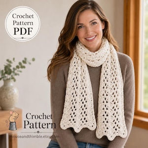 May include: A cream-colored crochet scarf with an openwork lace pattern and scalloped edges. The image includes text that reads Crochet Pattern PDF and Crochet Pattern mouseandthimble.etsy.com, featuring a small illustration of a mouse.