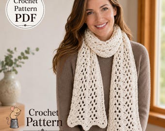 May include: A cream-colored crochet scarf with an openwork lace pattern and scalloped edges. The image includes text that reads Crochet Pattern PDF and Crochet Pattern mouseandthimble.etsy.com, featuring a small illustration of a mouse.