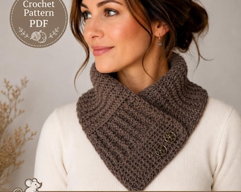 Buttoned Neck Warmer Crochet PATTERN, Easy Tailored V-Shape Waffle Cowl, Double Breasted Ascot Valley Scarf, Printable Download, PDF-2405