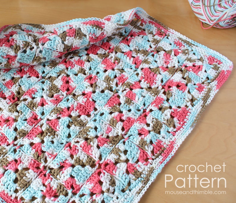 Tiny Granny Square Blanket Crochet PATTERN, Baby to Toddler or Any Size, Cool Cotton Lotus Patch Afghan Throw, Printable Download, PDF-2241 image 2