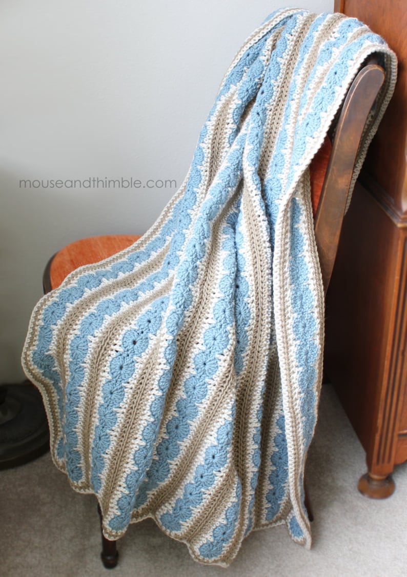 Easy Afghan Blanket Crochet PATTERN, Multiple Size Bed Top Covers, 3 Color Circle & Stripe, Ocean Shore Design, Printable Download, PDF-5436 image 4