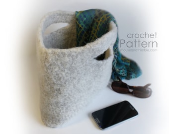 Felted Wool Handbag Crochet PATTERN, Two Handle Clutch Bag, Plain Basic Basket Tote, Photo Tutorial, Instant Download, Printable PDF-1915