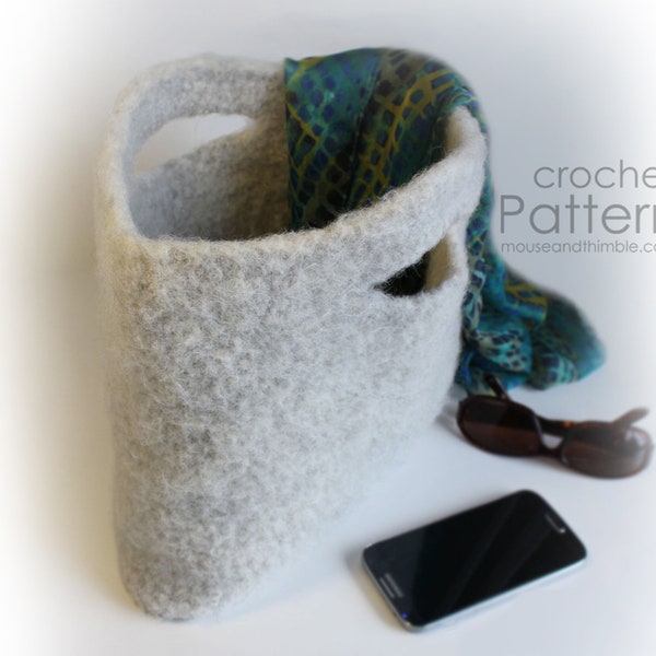 Felted Wool Handbag Crochet PATTERN, Two Handle Clutch Bag, Plain Basic Basket Tote, Photo Tutorial, Instant Download, Printable PDF-1915