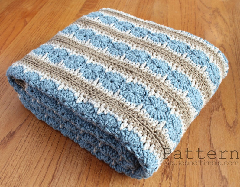 Easy Afghan Blanket Crochet PATTERN, Multiple Size Bed Top Covers, 3 Color Circle & Stripe, Ocean Shore Design, Printable Download, PDF-5436 image 1